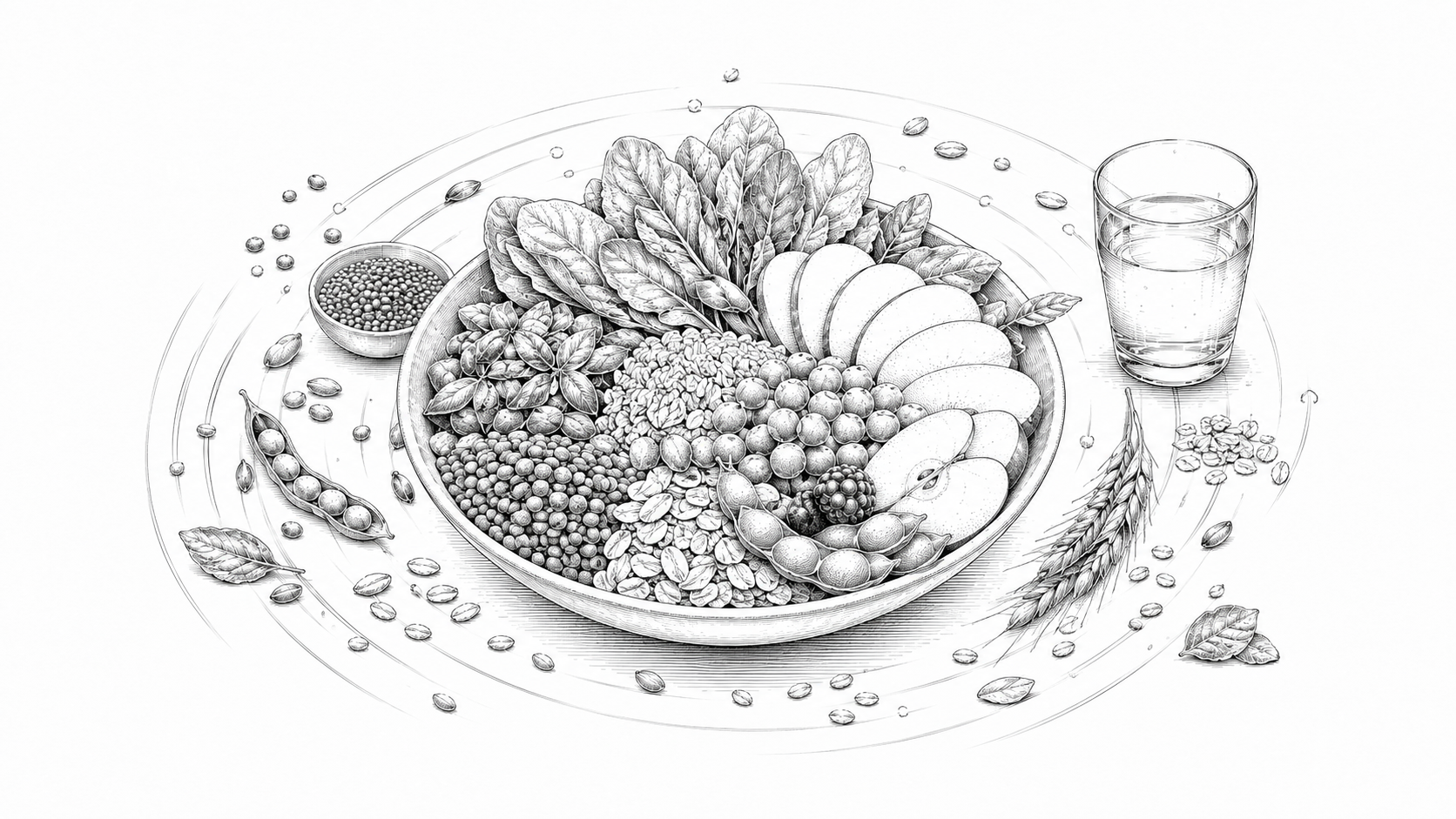 Monochrome illustration of a fibre-rich bowl, fruit, grains, legumes, leafy greens, and water around a daily digestive rhythm.