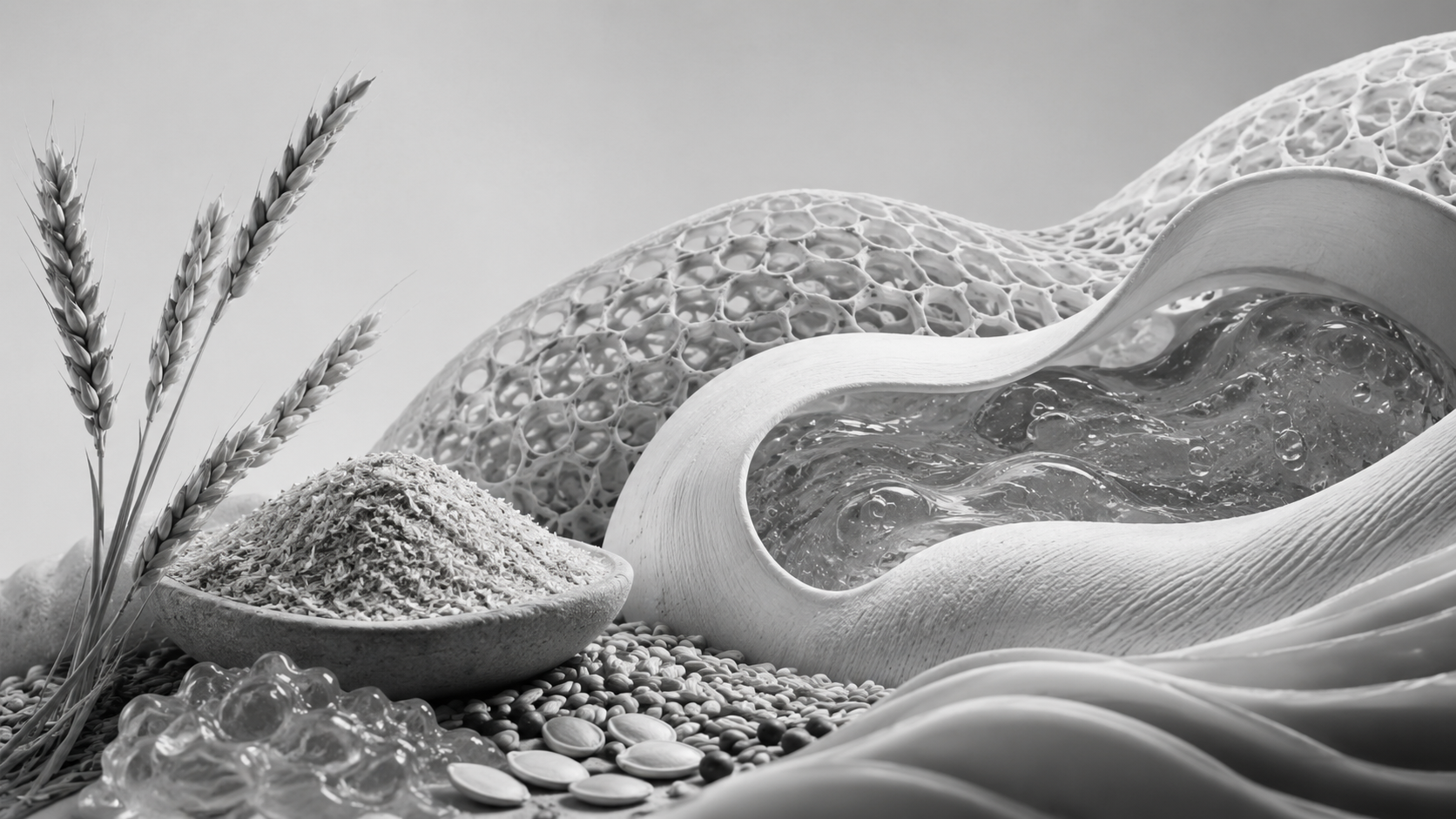 Monochrome illustration of a digestive system, fibre-rich foods, water, and daily routine cues.