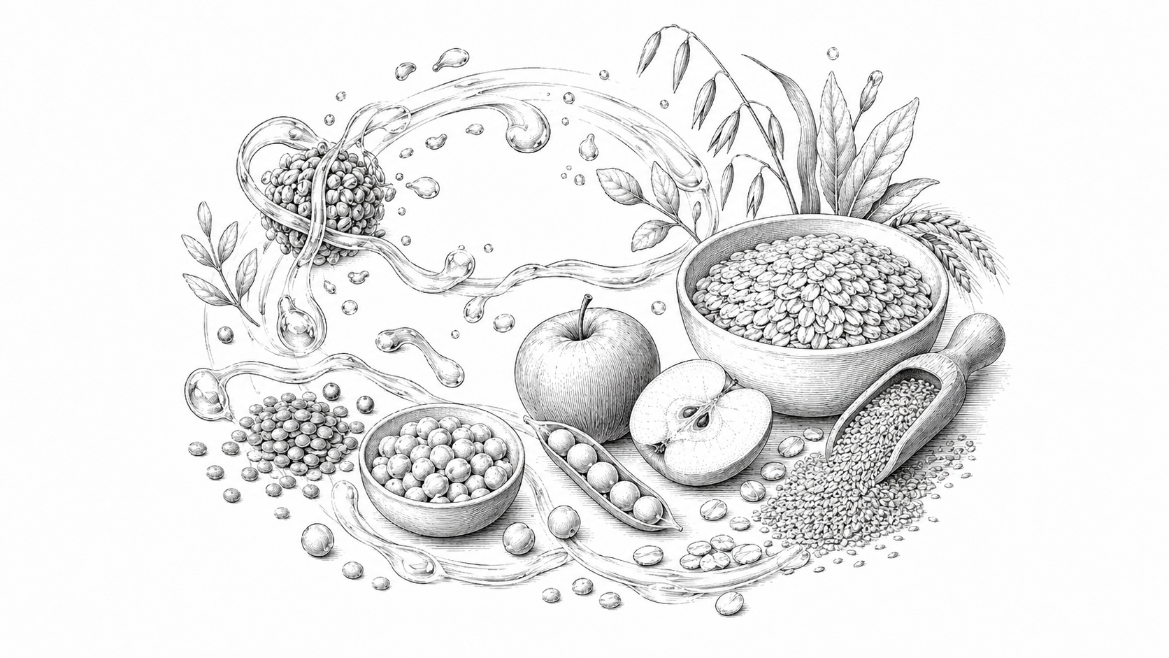 Monochrome illustration of water flowing through fibre-rich foods, grains, legumes, fruit, and psyllium-like plant material.
