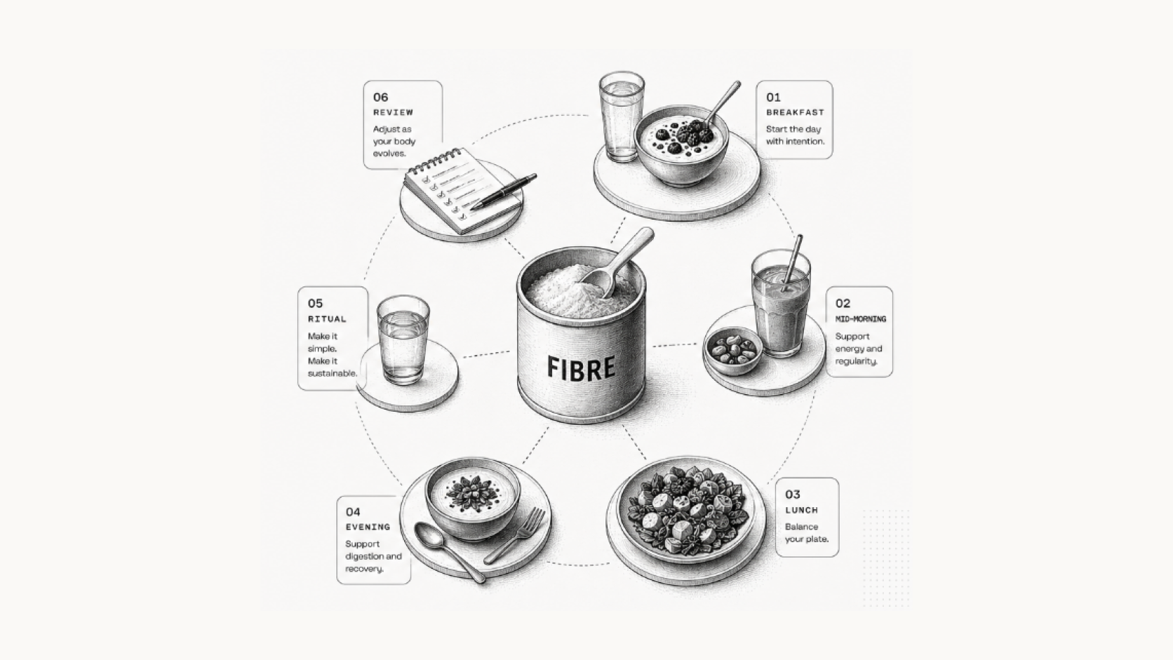 Monochrome illustration of daily fibre routines arranged around a central fibre ingredient container.