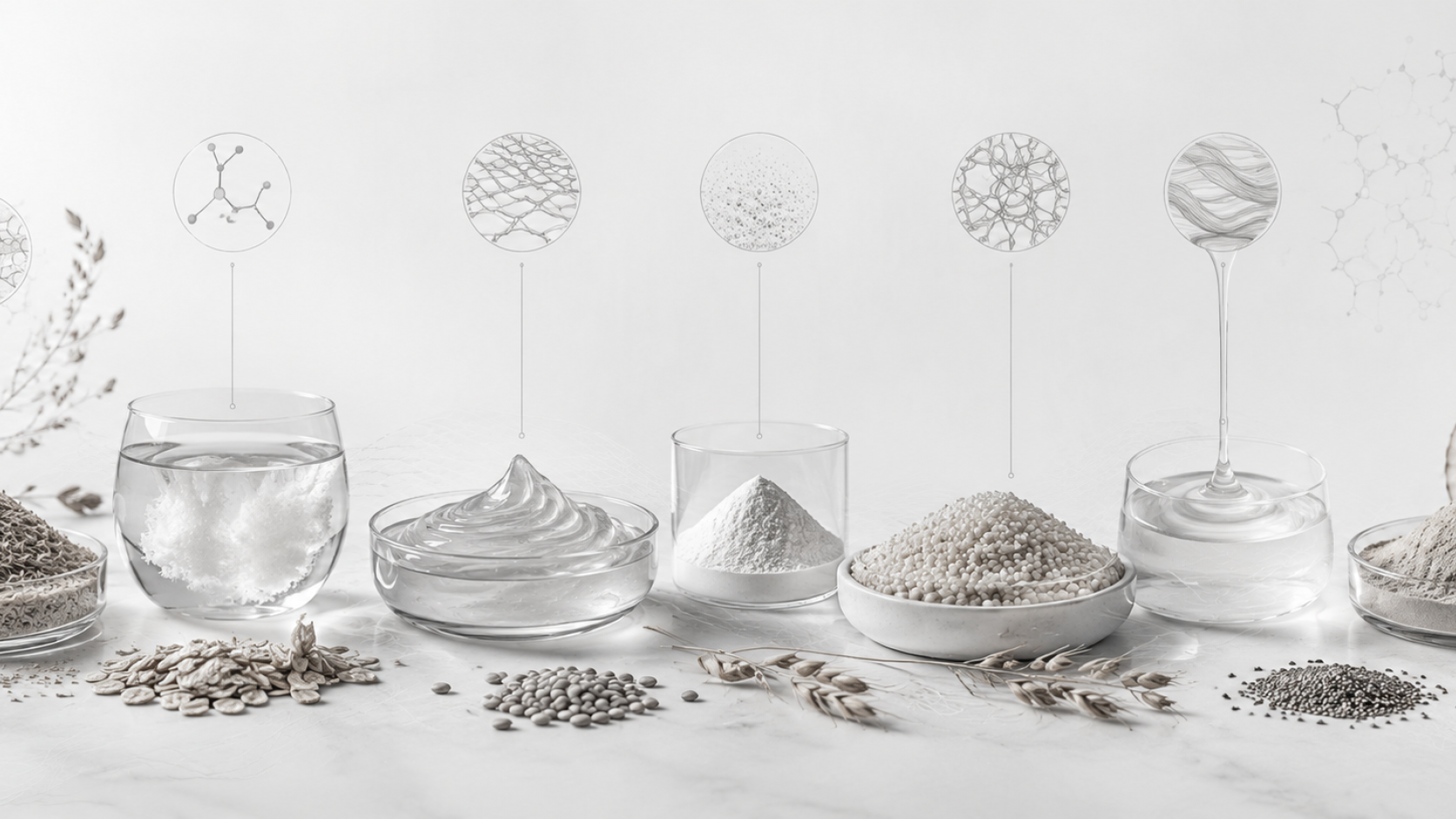 Monochrome illustration of different plant fibre forms showing powders, gels, grains, and texture structures.