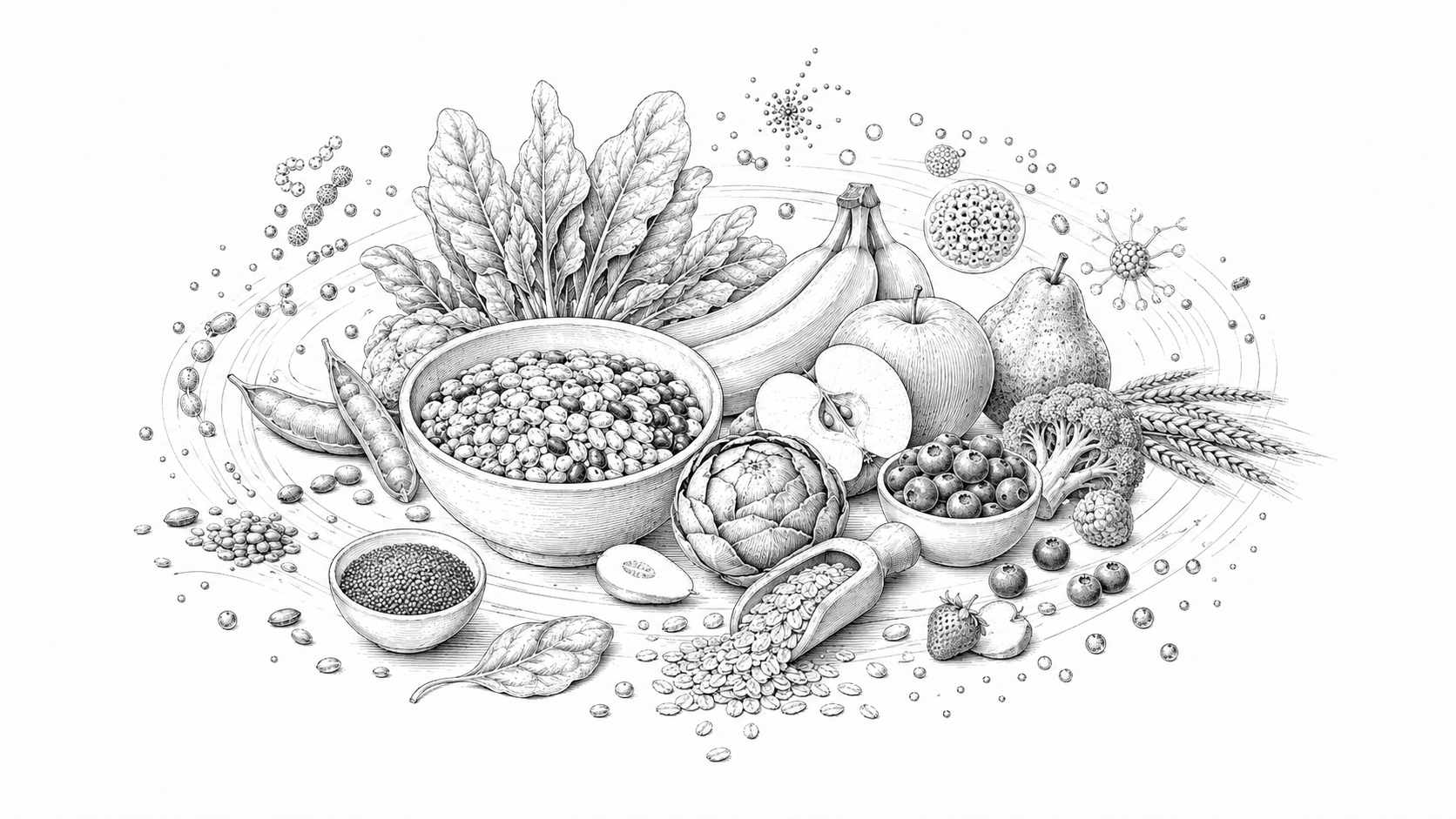 Monochrome illustration of diverse fibre-rich foods arranged as a daily routine pattern.