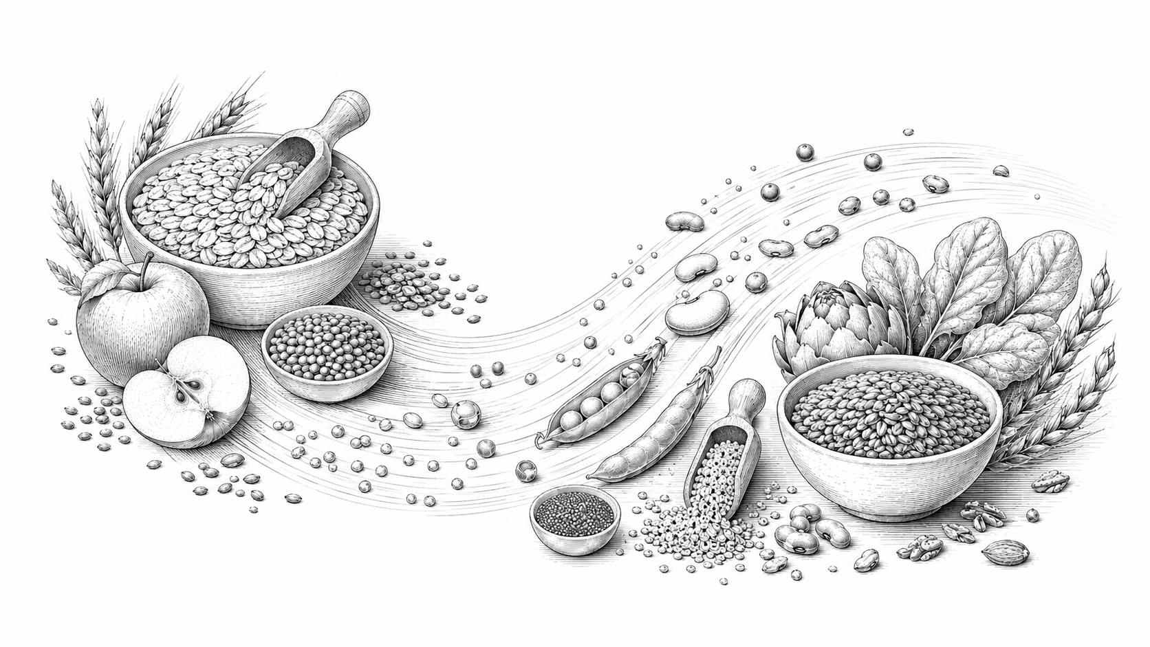 Monochrome illustration of bowls, grains, fruit, pulses, seeds, and plant fibres arranged as a complete meal structure.