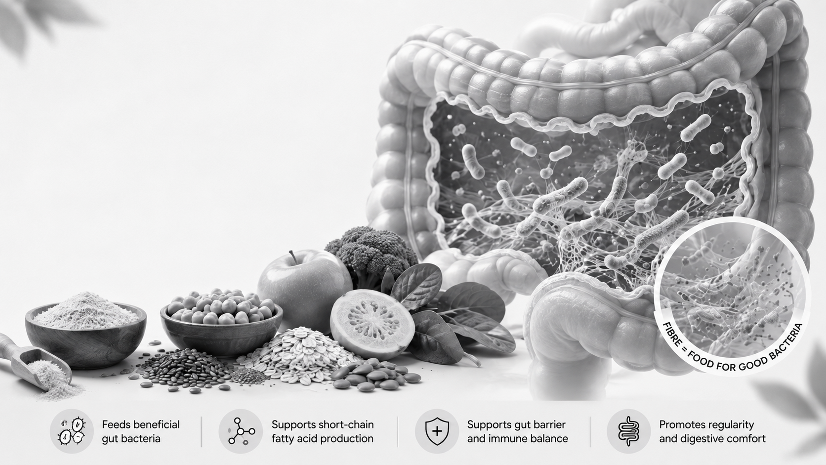 Monochrome illustration of the gut microbiome, fibre-rich foods, and beneficial bacteria inside the colon.