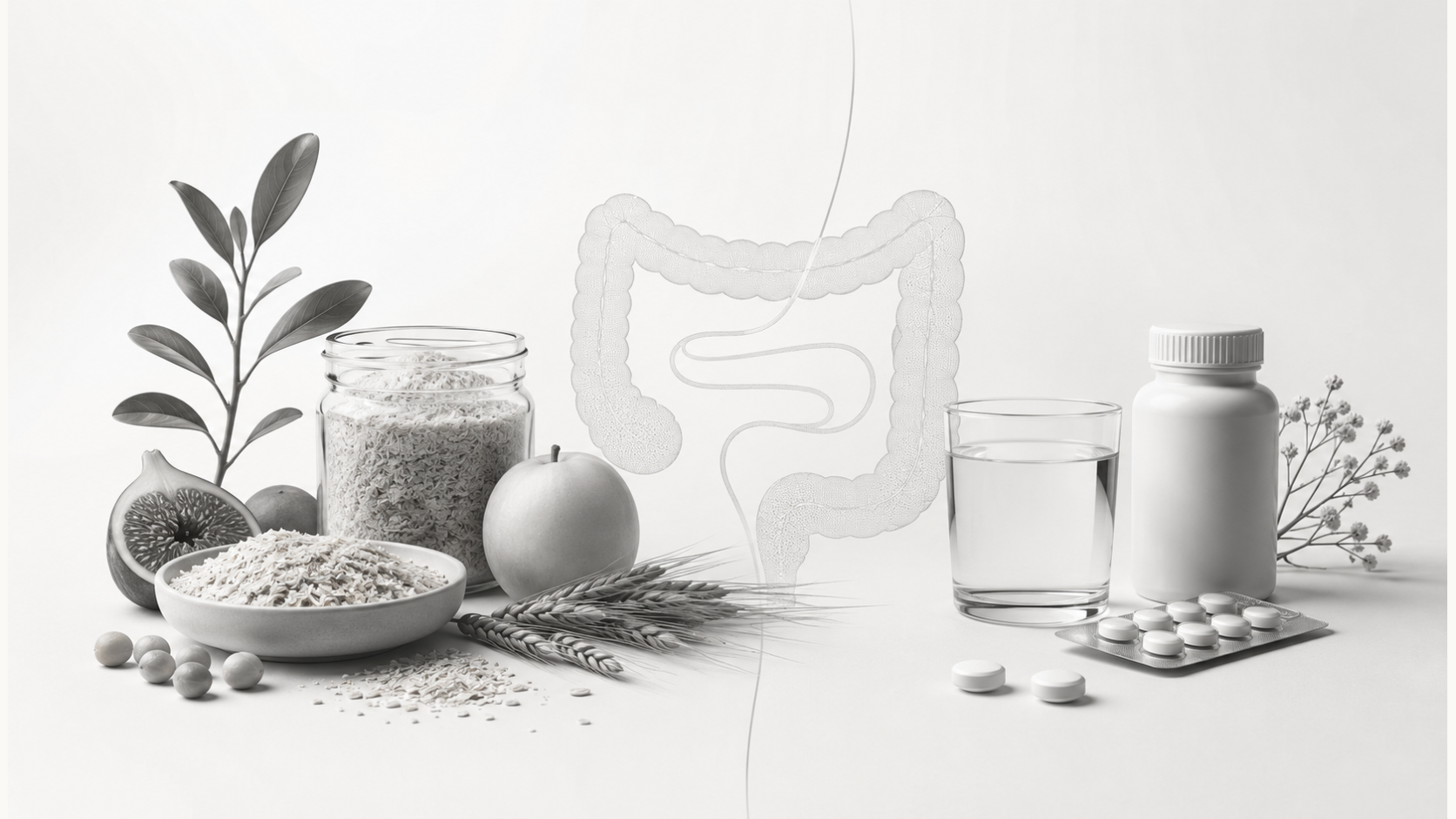 Monochrome illustration comparing fibre foods, water, and medicine beside a digestive tract outline.