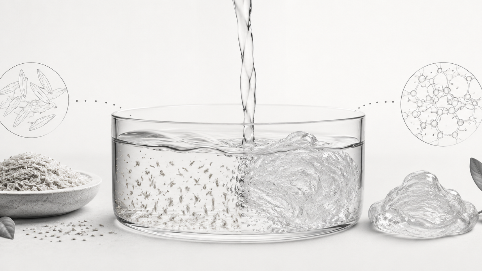 Monochrome illustration of water pouring into fibre particles and forming a hydrated gel structure.