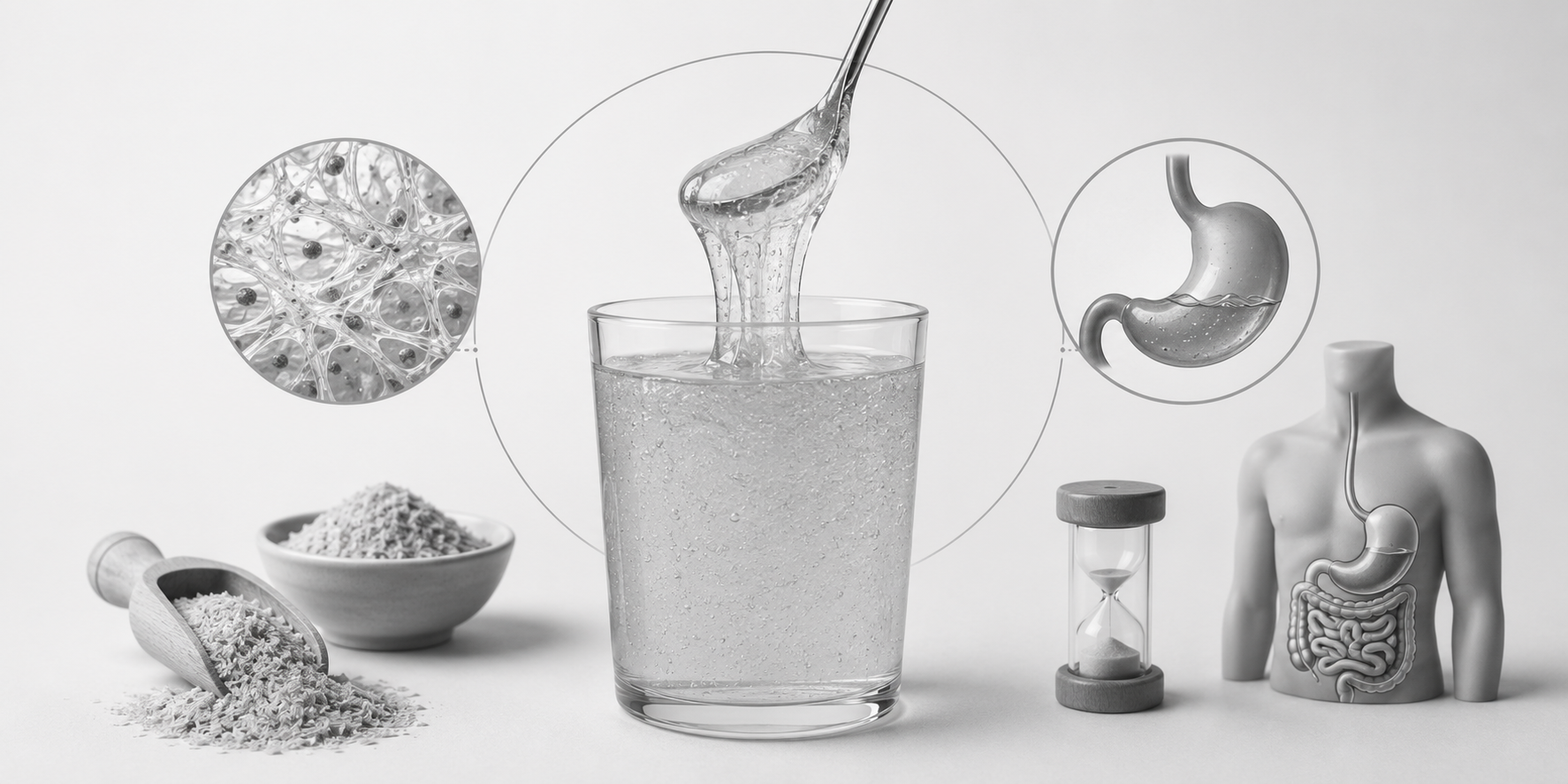 Monochrome illustration of a thick shake with gel network and fibre particles.