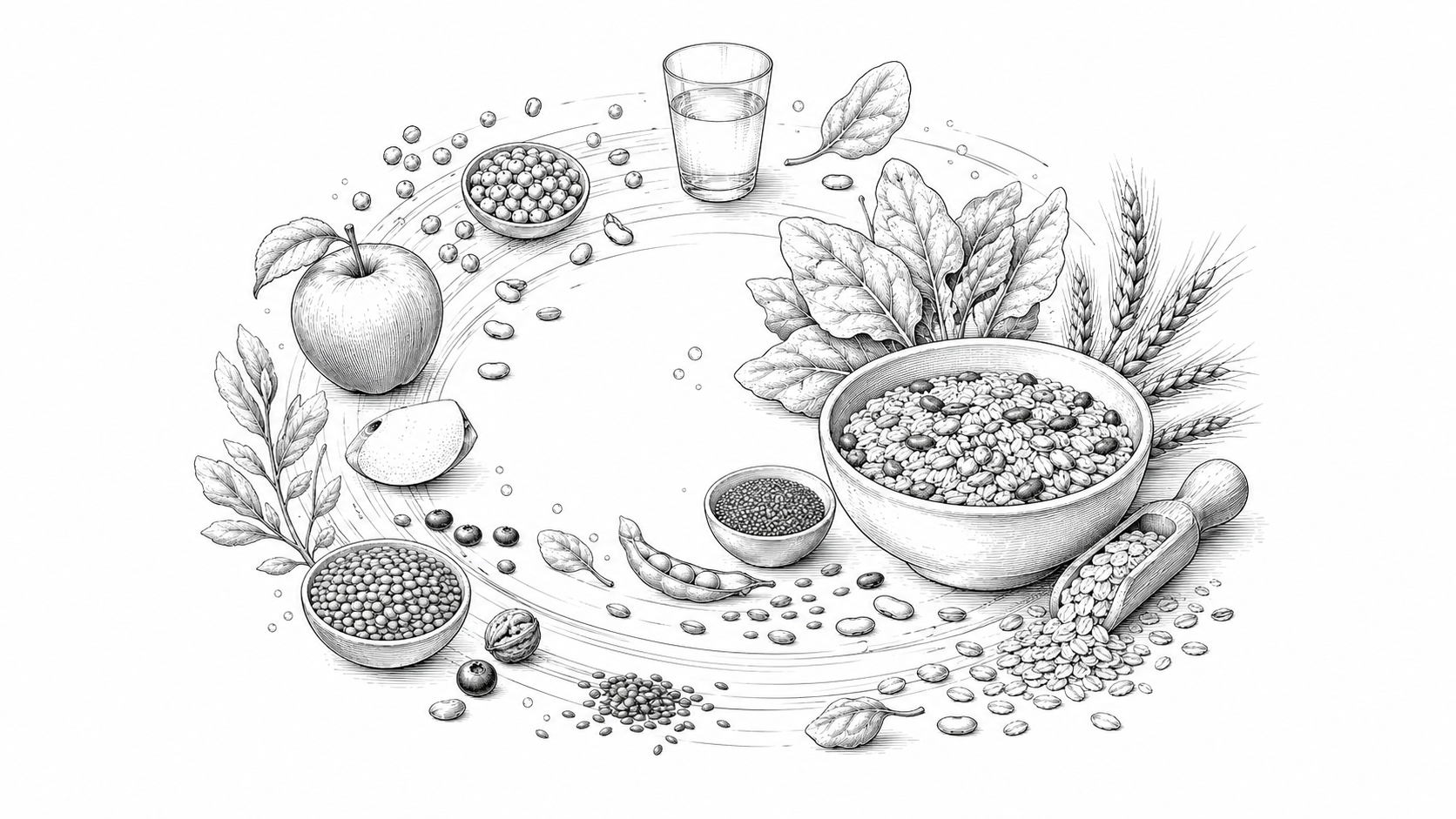 Monochrome illustration of fibre-rich foods, water, grains, pulses, fruit, and plant variety in a circular daily-food pattern.