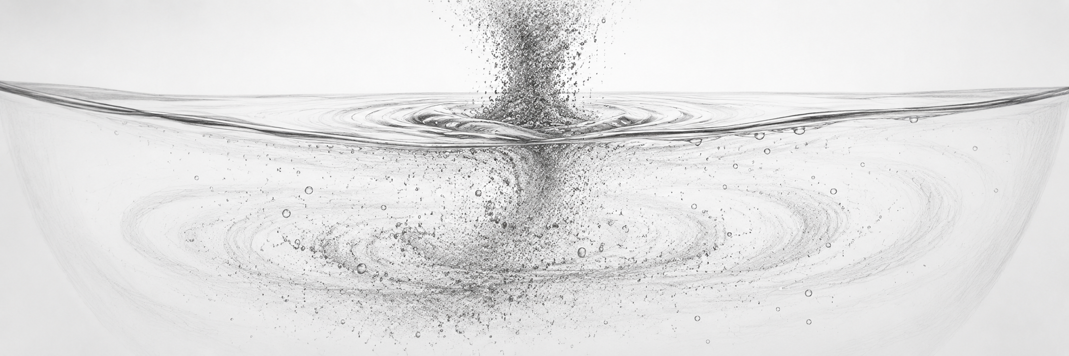 Monochrome illustration of fine fibre powder dispersing through water.