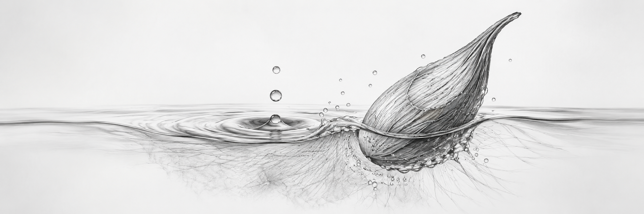 Monochrome illustration of a plant fibre leaf entering water to show hydration behavior.