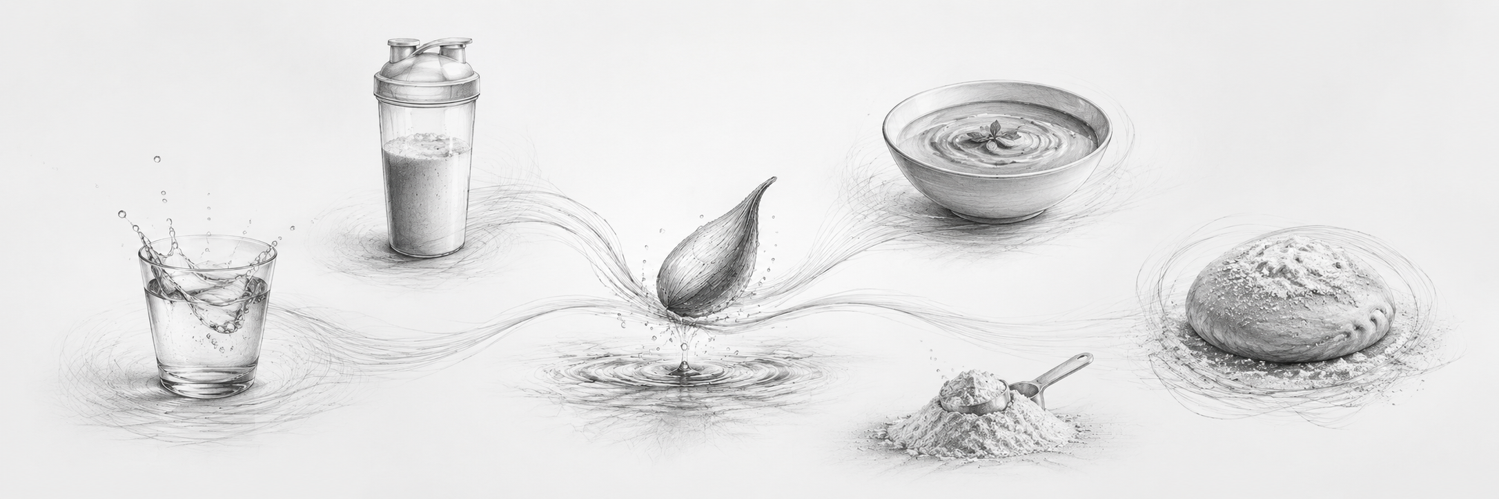 Monochrome illustration of fibre moving through water, shakes, soups, powders, and dough formats.