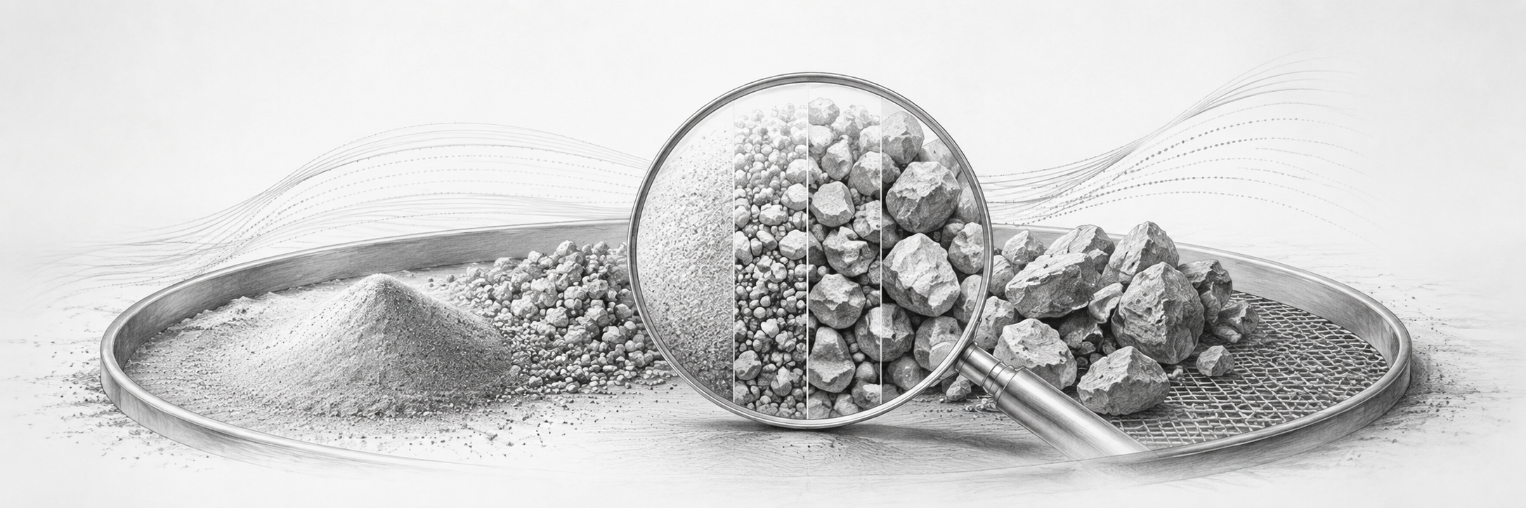 Monochrome illustration of sieved particles and magnified particle sizes for fibre profile review.