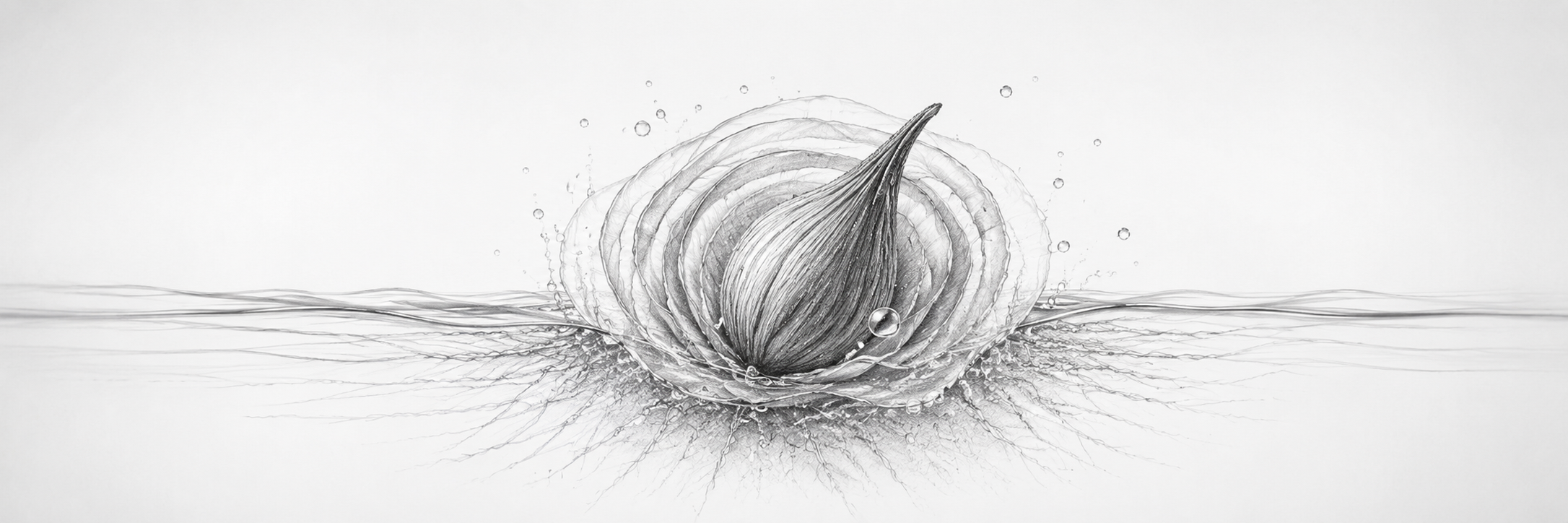 Monochrome illustration of a swelling fibre seed in water to show water uptake and expansion.