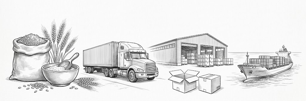 Monochrome illustration of fibre ingredients, transport truck, warehouse, cartons, and export ship showing B2B fibre supply movement.