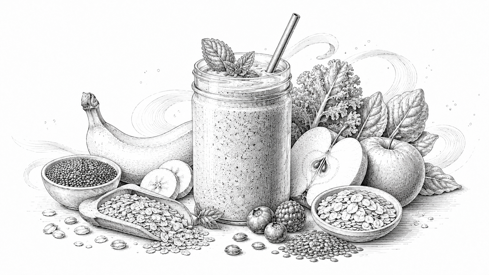 Monochrome illustration of a fibre smoothie with banana, apples, greens, oats, seeds, and plant fibre ingredients for daily nutrition.