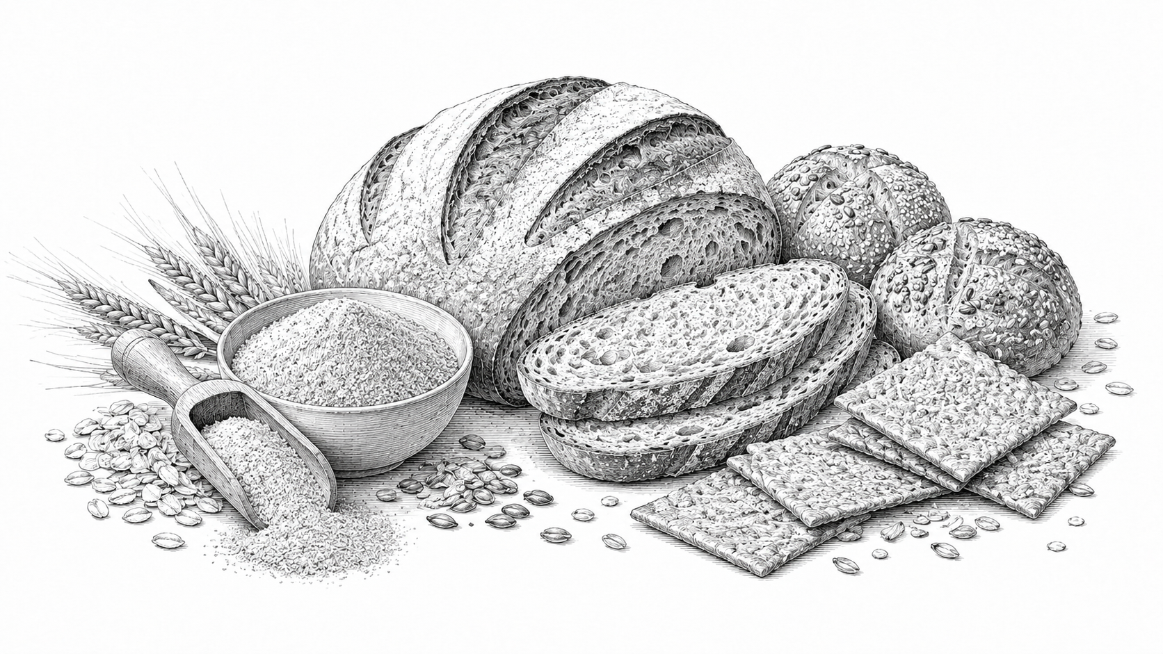 Monochrome illustration of wholegrain bread, seeded rolls, crackers, oats, and bran as everyday fibre food formats.