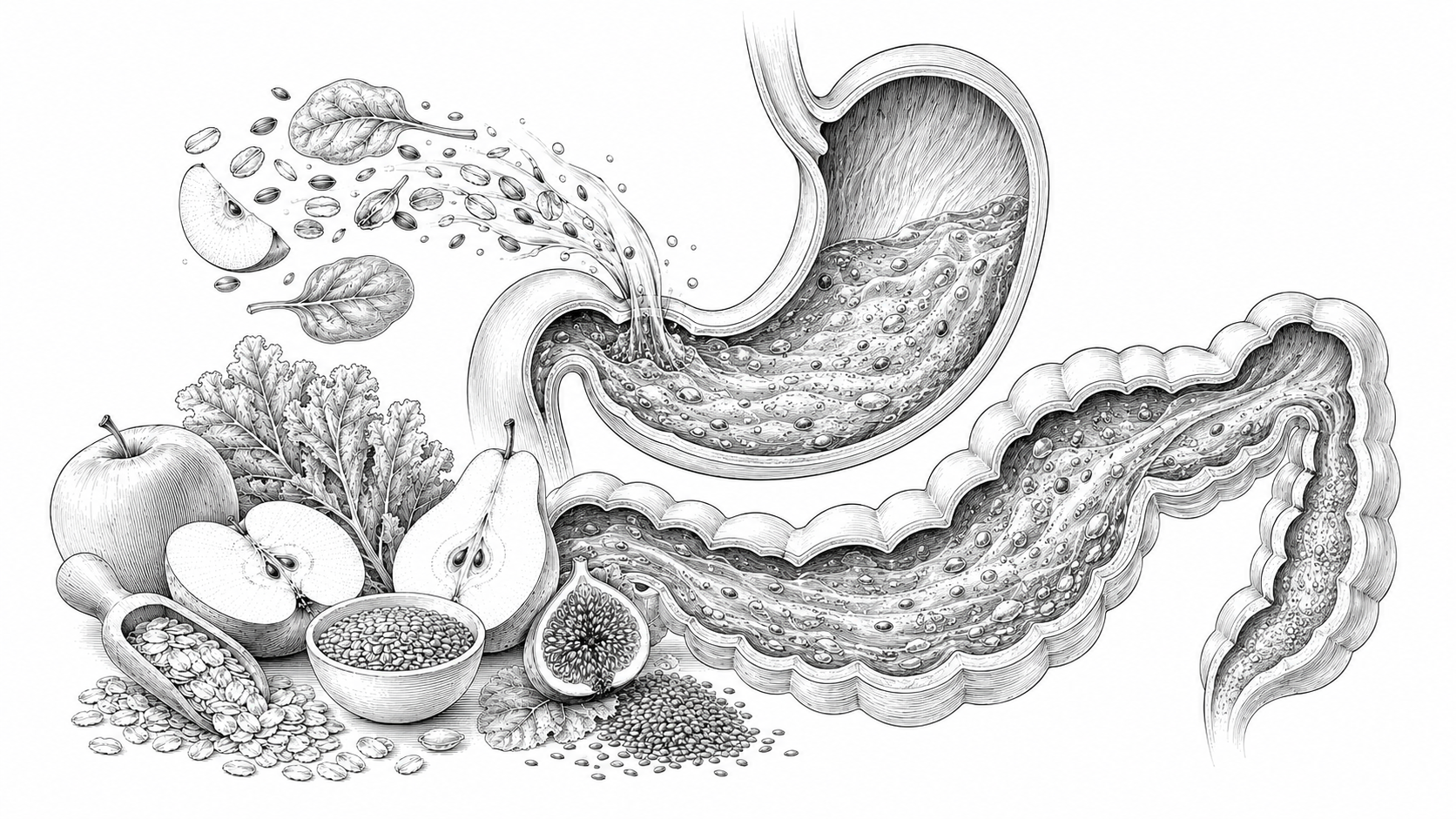 Monochrome illustration of fibre-rich foods moving through the stomach and intestine to explain digestion, hydration, and fibre behaviour.