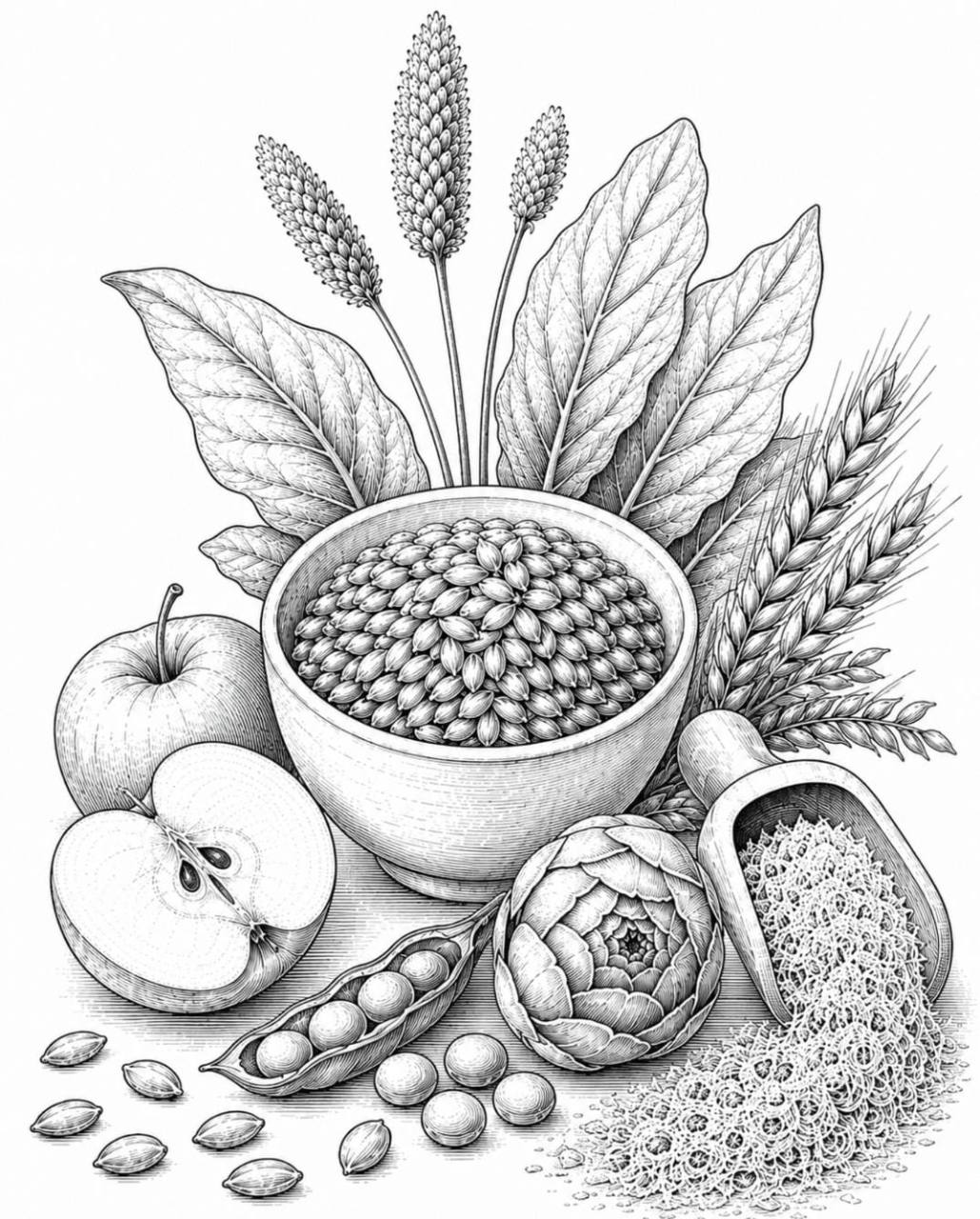 Monochrome botanical illustration of plant fibre sources including grains, seeds, leaves, fruit, and vegetable fibres.
