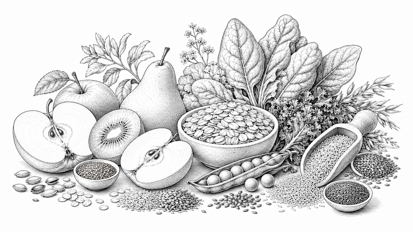 Monochrome illustration of fruits, grains, seeds, leaves, pulses, and plant fibres used to represent source identity and fibre quality review.
