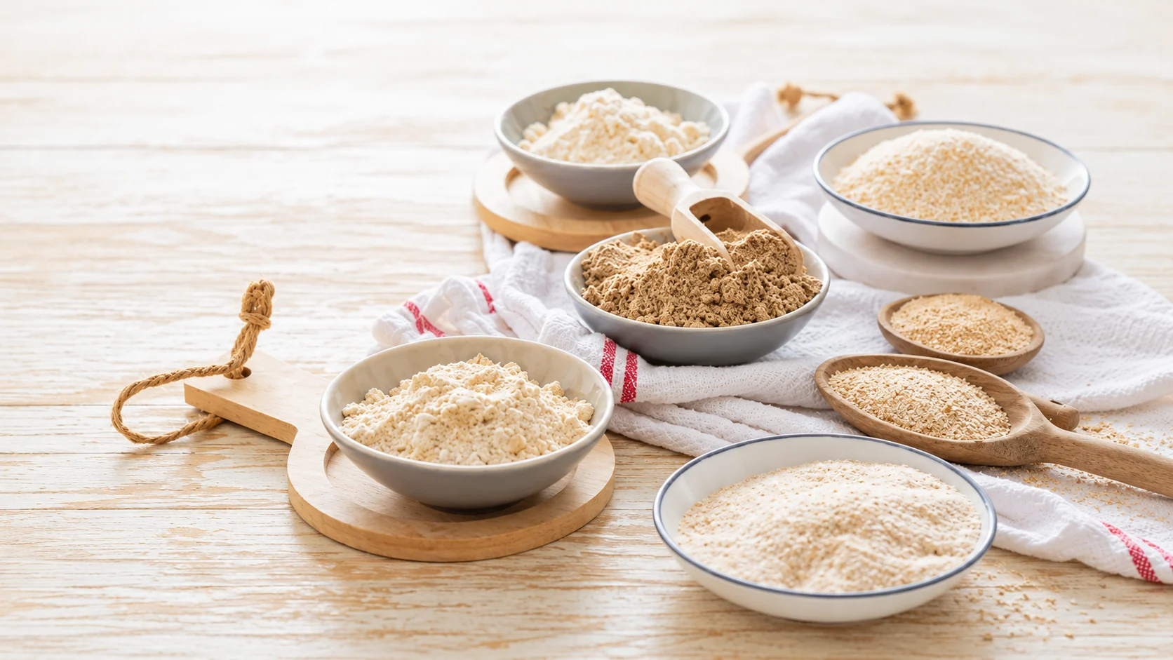 Bowls and spoons of plant fibre powders and husk textures