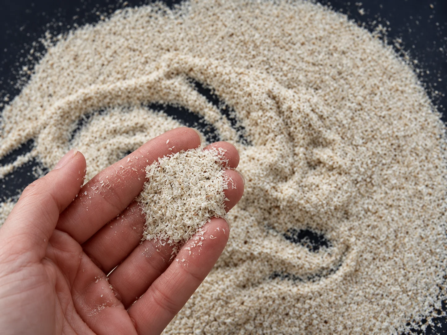 Close view of dry psyllium husk flakes held between fingers