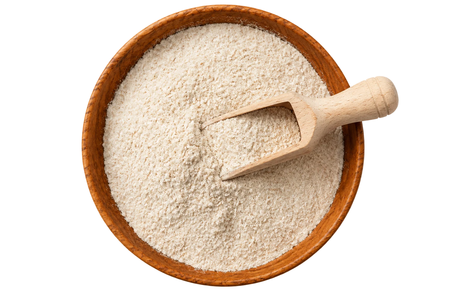 Fine pale powder in a wooden bowl with a wooden scoop